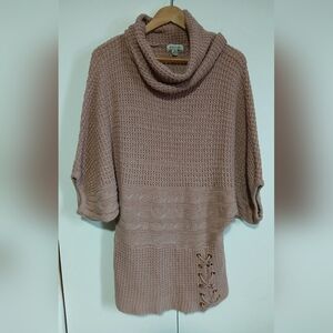 Majora Dusty Rose Cowl Neck Lace Up Poncho Sweater Top L